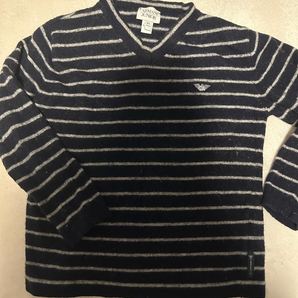 Armani Junior Navy and Gray Striped Sweater